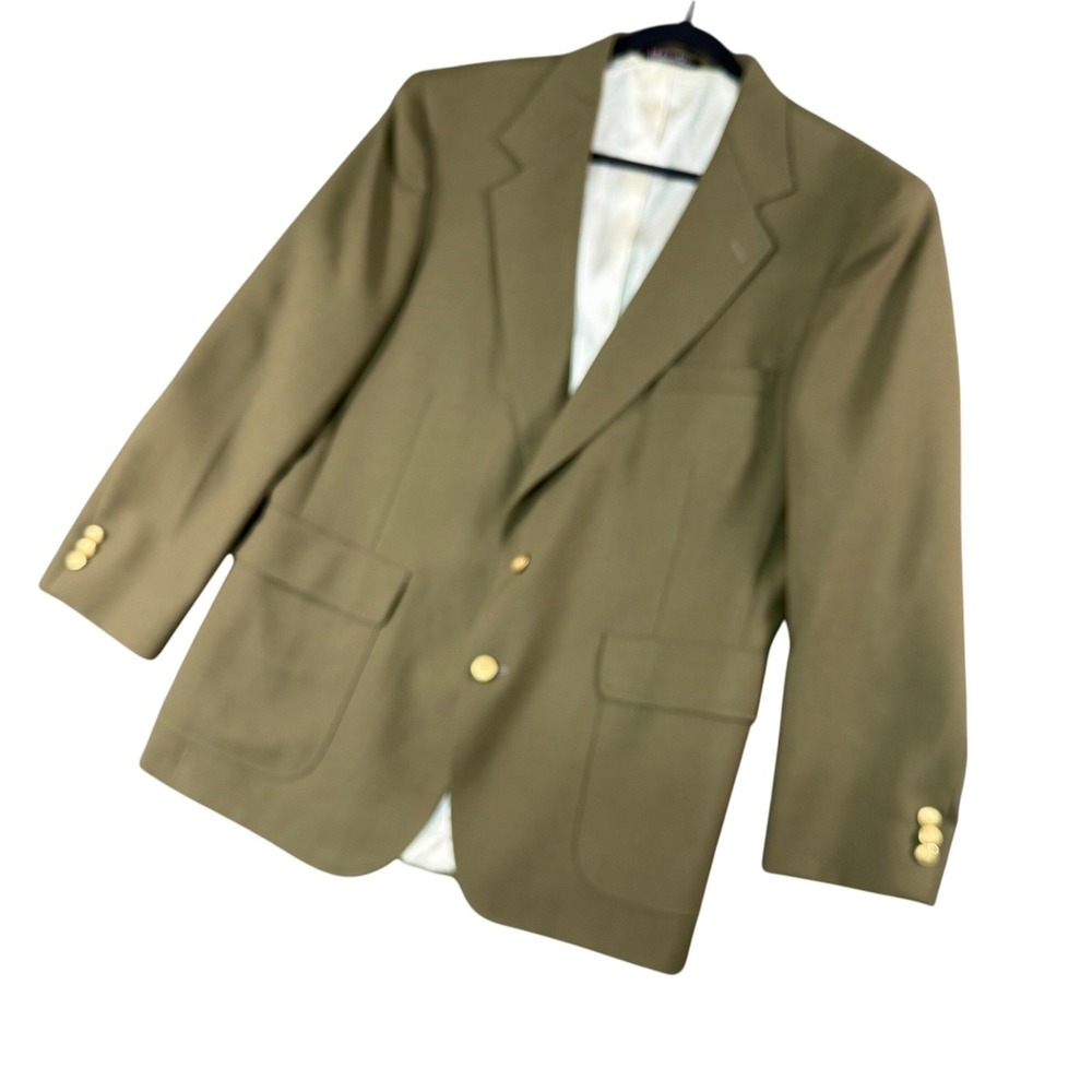 VTG Stafford Men 44R Olive Green Wool Blend Blazer Gold Button USA Made 2 Button